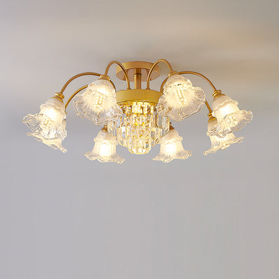 Modern Art Deco Flower Round Branch Crystal Glass Iron 3/6/8/10/12/15 Light Semi-Flush Mount Ceiling Light For Living Room