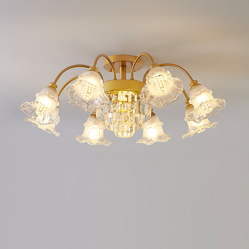 Modern Art Deco Flower Round Branch Crystal Glass Iron 3/6/8/10/12/15 Light Semi-Flush Mount Ceiling Light For Living Room