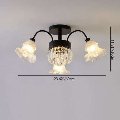 Modern Art Deco Flower Round Branch Crystal Glass Iron 3/6/8/10/12/15 Light Semi-Flush Mount Ceiling Light For Living Room