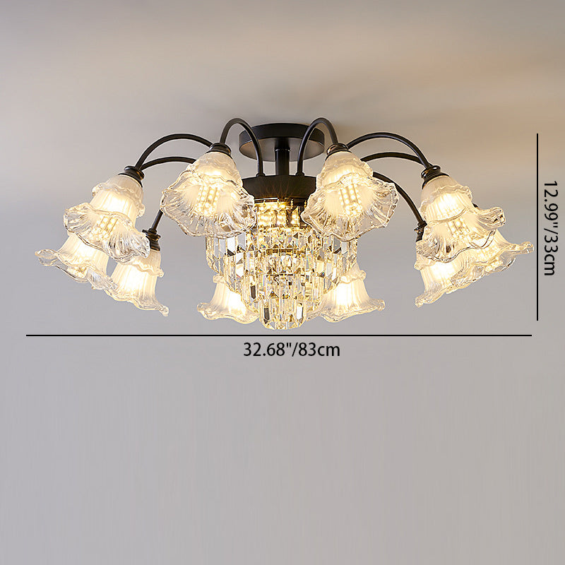 Modern Art Deco Flower Round Branch Crystal Glass Iron 3/6/8/10/12/15 Light Semi-Flush Mount Ceiling Light For Living Room