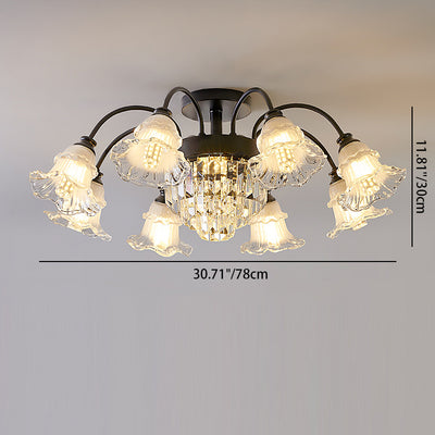 Modern Art Deco Flower Round Branch Crystal Glass Iron 3/6/8/10/12/15 Light Semi-Flush Mount Ceiling Light For Living Room