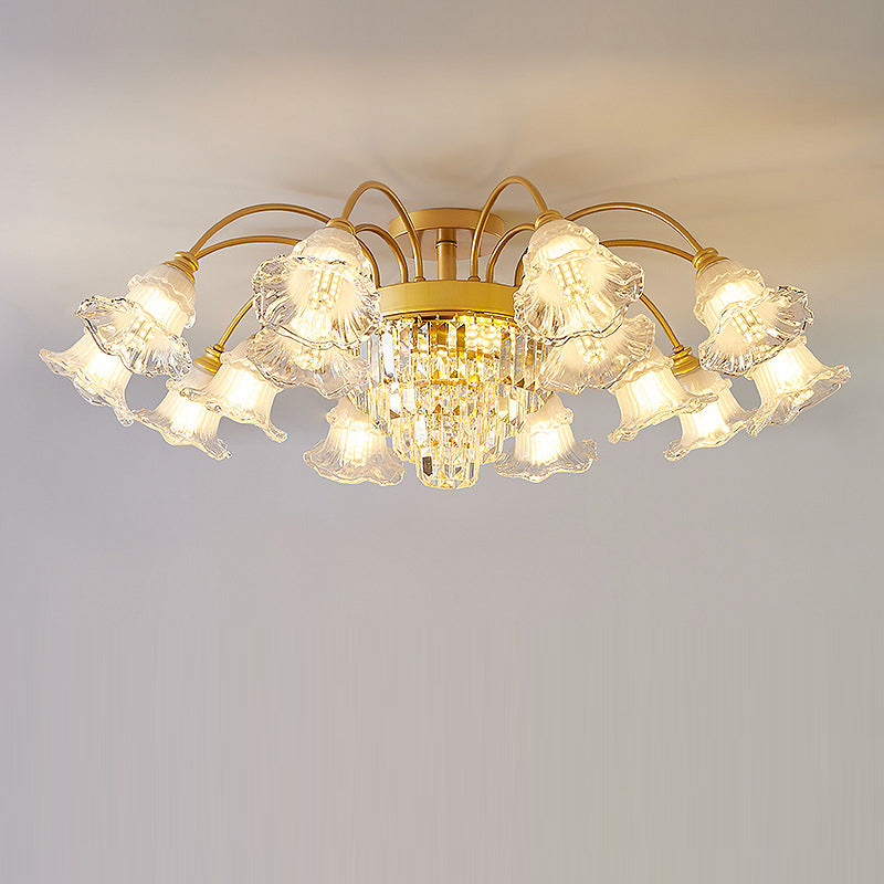 Modern Art Deco Flower Round Branch Crystal Glass Iron 3/6/8/10/12/15 Light Semi-Flush Mount Ceiling Light For Living Room