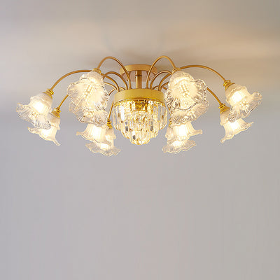 Modern Art Deco Flower Round Branch Crystal Glass Iron 3/6/8/10/12/15 Light Semi-Flush Mount Ceiling Light For Living Room