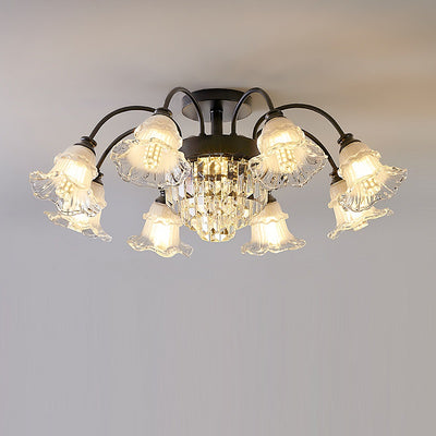 Modern Art Deco Flower Round Branch Crystal Glass Iron 3/6/8/10/12/15 Light Semi-Flush Mount Ceiling Light For Living Room