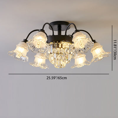 Modern Art Deco Flower Round Branch Crystal Glass Iron 3/6/8/10/12/15 Light Semi-Flush Mount Ceiling Light For Living Room