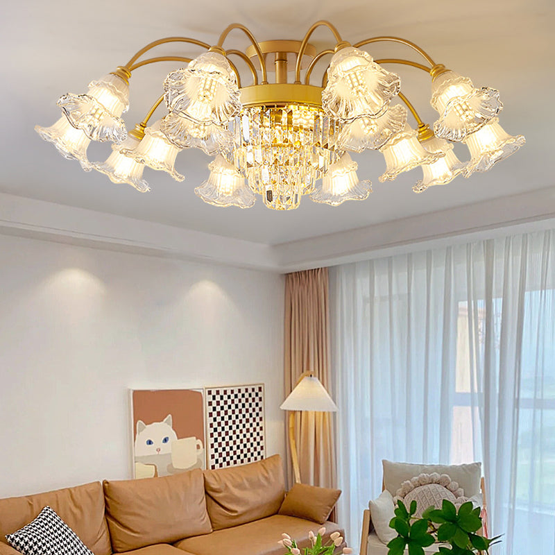 Modern Art Deco Flower Round Branch Crystal Glass Iron 3/6/8/10/12/15 Light Semi-Flush Mount Ceiling Light For Living Room