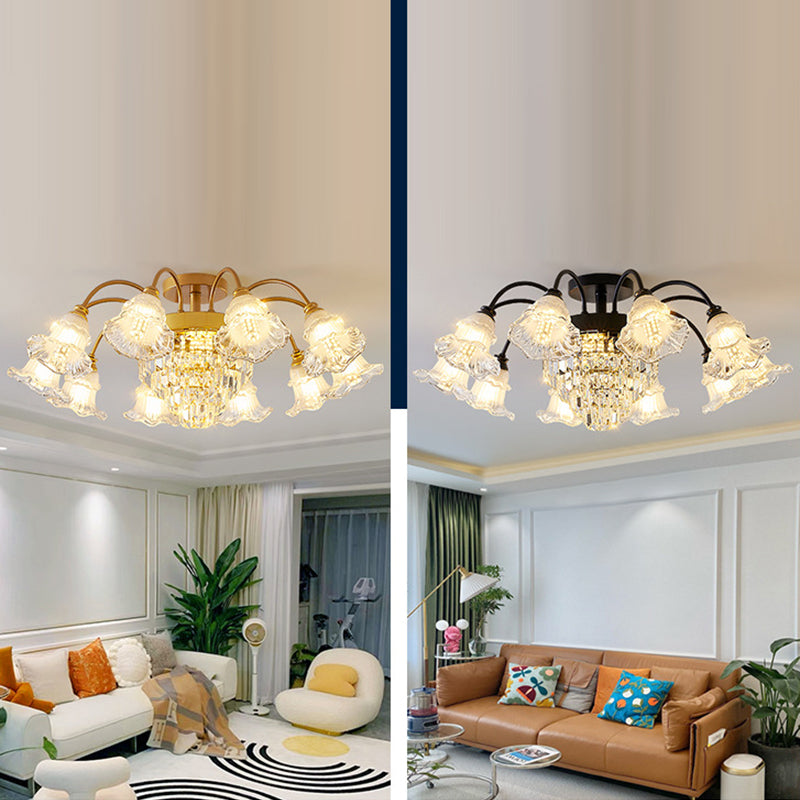 Modern Art Deco Flower Round Branch Crystal Glass Iron 3/6/8/10/12/15 Light Semi-Flush Mount Ceiling Light For Living Room