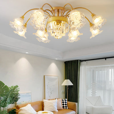 Modern Art Deco Flower Round Branch Crystal Glass Iron 3/6/8/10/12/15 Light Semi-Flush Mount Ceiling Light For Living Room