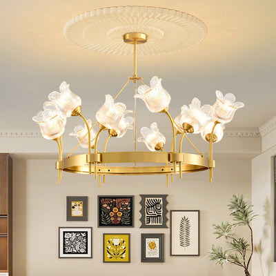 Modern Luxury Round Strip Floral Glass Copper 8/10/12 Light Chandelier For Living Room