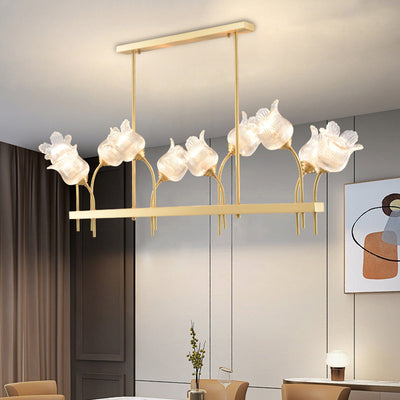 Modern Luxury Round Strip Floral Glass Copper 8/10/12 Light Chandelier For Living Room