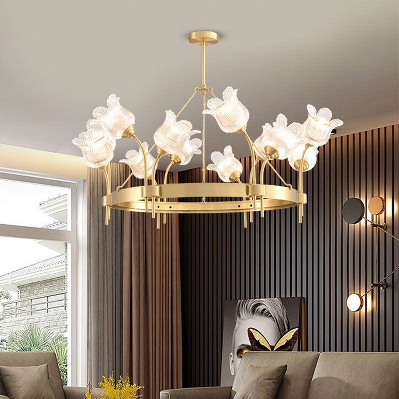 Modern Luxury Round Strip Floral Glass Copper 8/10/12 Light Chandelier For Living Room