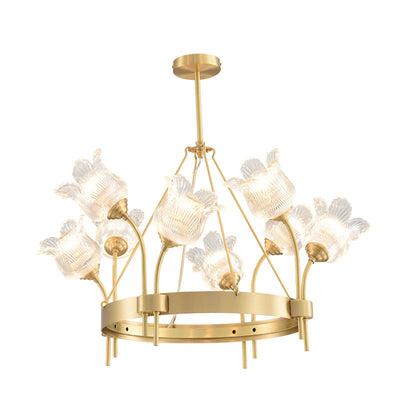 Modern Luxury Round Strip Floral Glass Copper 8/10/12 Light Chandelier For Living Room