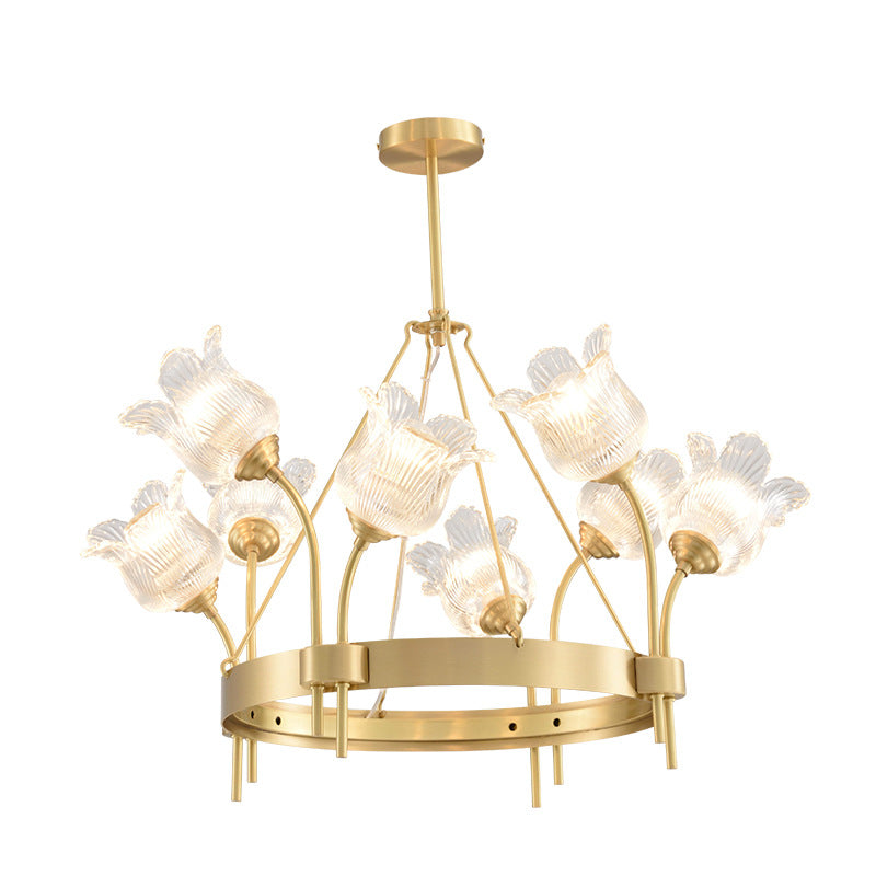 Modern Luxury Round Strip Floral Glass Copper 8/10/12 Light Chandelier For Living Room