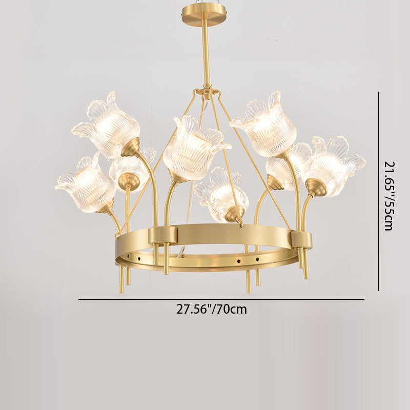 Modern Luxury Round Strip Floral Glass Copper 8/10/12 Light Chandelier For Living Room