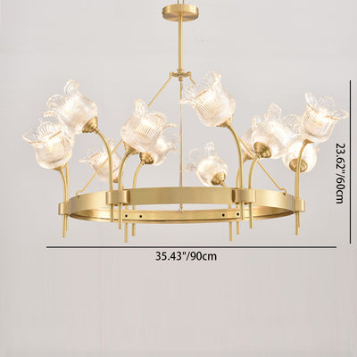 Modern Luxury Round Strip Floral Glass Copper 8/10/12 Light Chandelier For Living Room