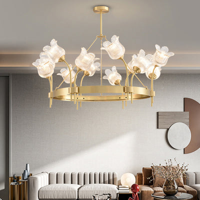 Modern Luxury Round Strip Floral Glass Copper 8/10/12 Light Chandelier For Living Room