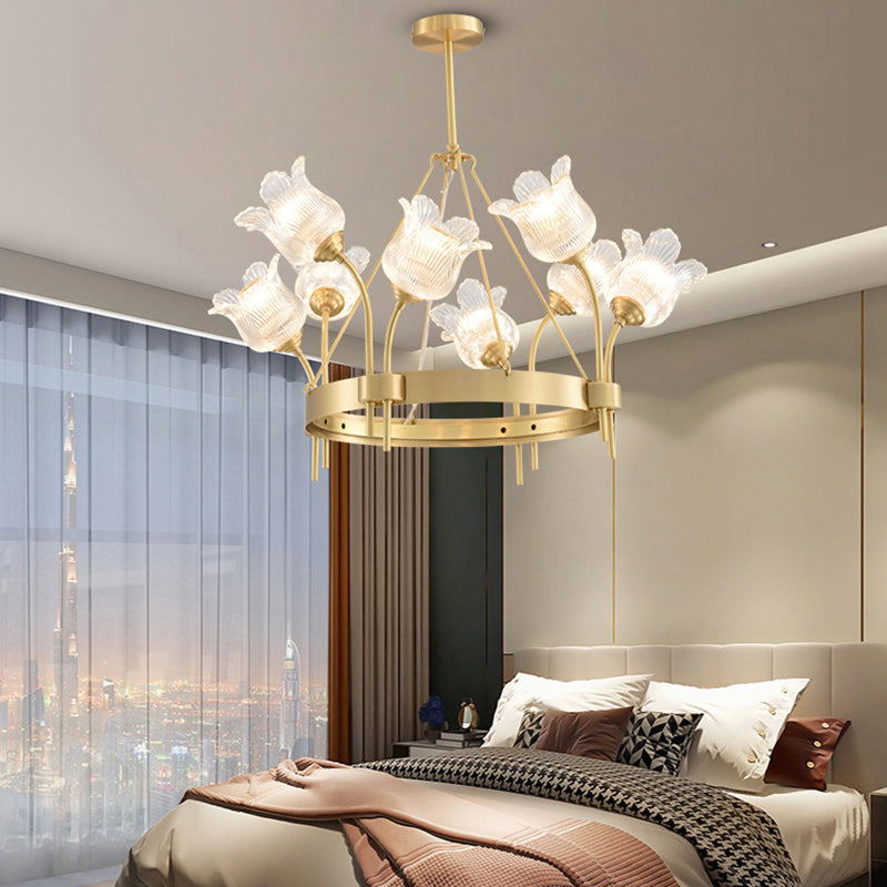 Modern Luxury Round Strip Floral Glass Copper 8/10/12 Light Chandelier For Living Room