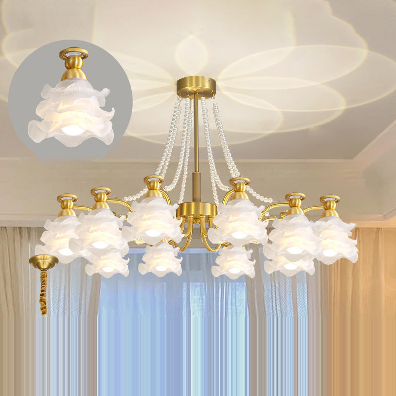 Traditional French Branch Round Flower Glass Pearl Brass 6/8/10 Light Chandelier For Living Room