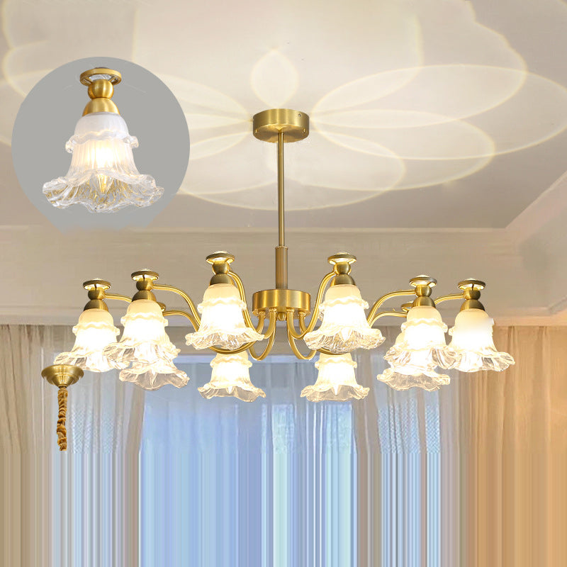 Traditional French Branch Round Flower Glass Pearl Brass 6/8/10 Light Chandelier For Living Room