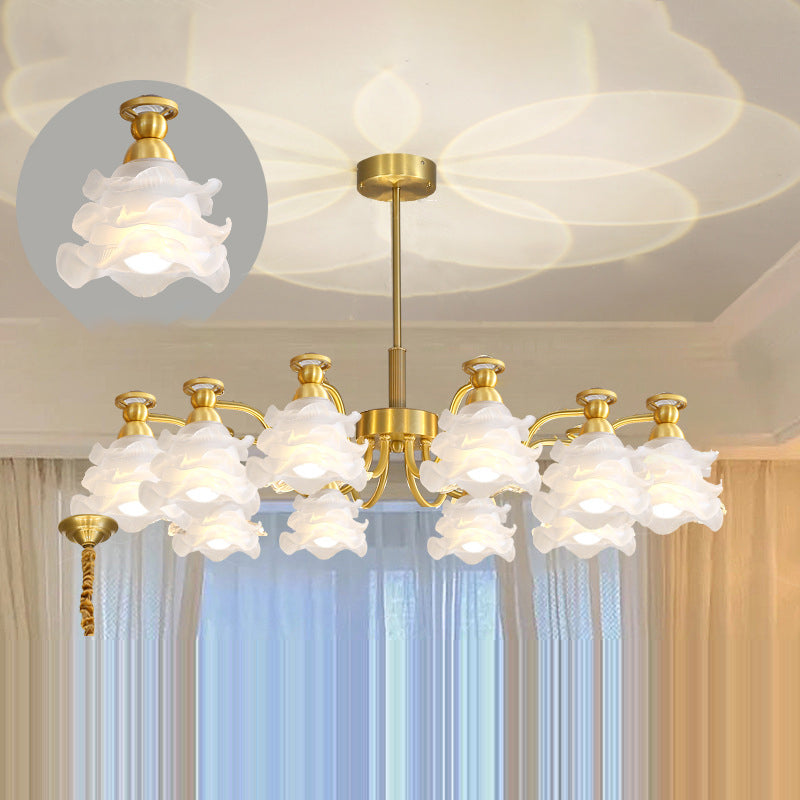 Traditional French Branch Round Flower Glass Pearl Brass 6/8/10 Light Chandelier For Living Room