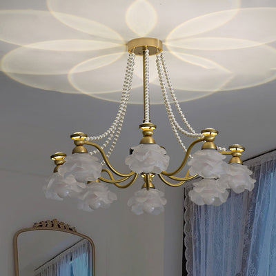 Traditional French Branch Round Flower Glass Pearl Brass 6/8/10 Light Chandelier For Living Room