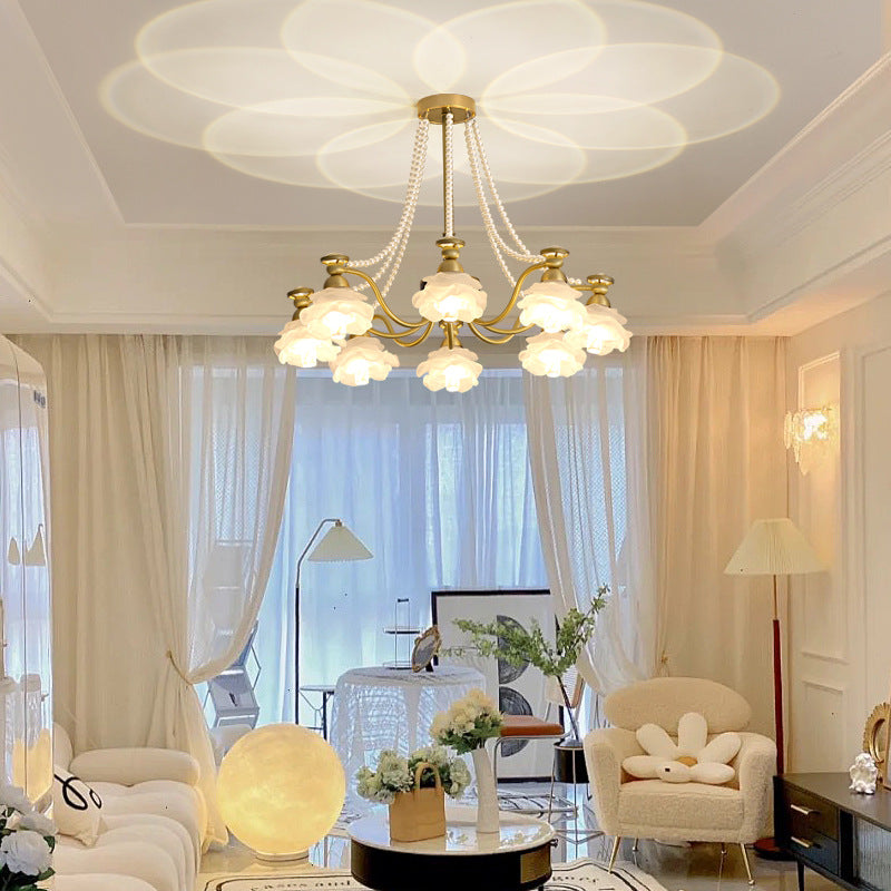 Traditional French Branch Round Flower Glass Pearl Brass 6/8/10 Light Chandelier For Living Room