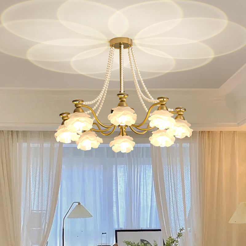 Traditional French Branch Round Flower Glass Pearl Brass 6/8/10 Light Chandelier For Living Room