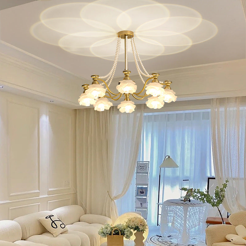 Traditional French Branch Round Flower Glass Pearl Brass 6/8/10 Light Chandelier For Living Room