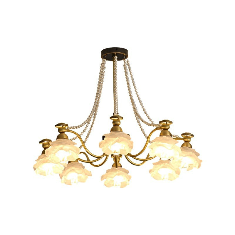 Traditional French Branch Round Flower Glass Pearl Brass 6/8/10 Light Chandelier For Living Room