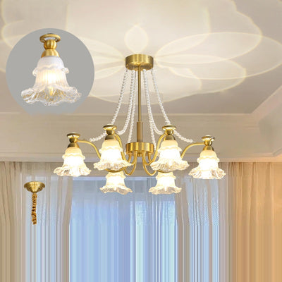 Traditional French Branch Round Flower Glass Pearl Brass 6/8/10 Light Chandelier For Living Room