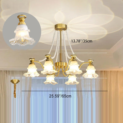 Traditional French Branch Round Flower Glass Pearl Brass 6/8/10 Light Chandelier For Living Room