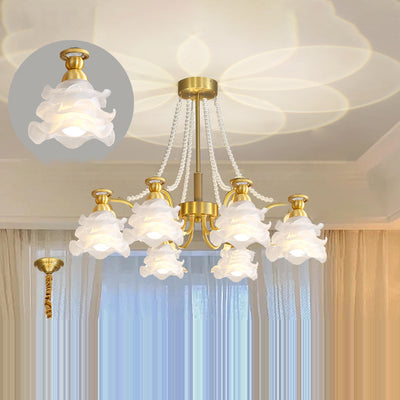 Traditional French Branch Round Flower Glass Pearl Brass 6/8/10 Light Chandelier For Living Room