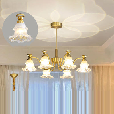 Traditional French Branch Round Flower Glass Pearl Brass 6/8/10 Light Chandelier For Living Room