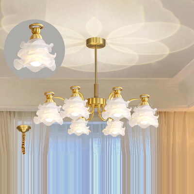 Traditional French Branch Round Flower Glass Pearl Brass 6/8/10 Light Chandelier For Living Room