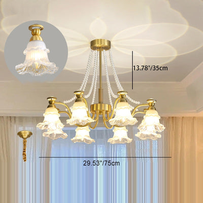 Traditional French Branch Round Flower Glass Pearl Brass 6/8/10 Light Chandelier For Living Room