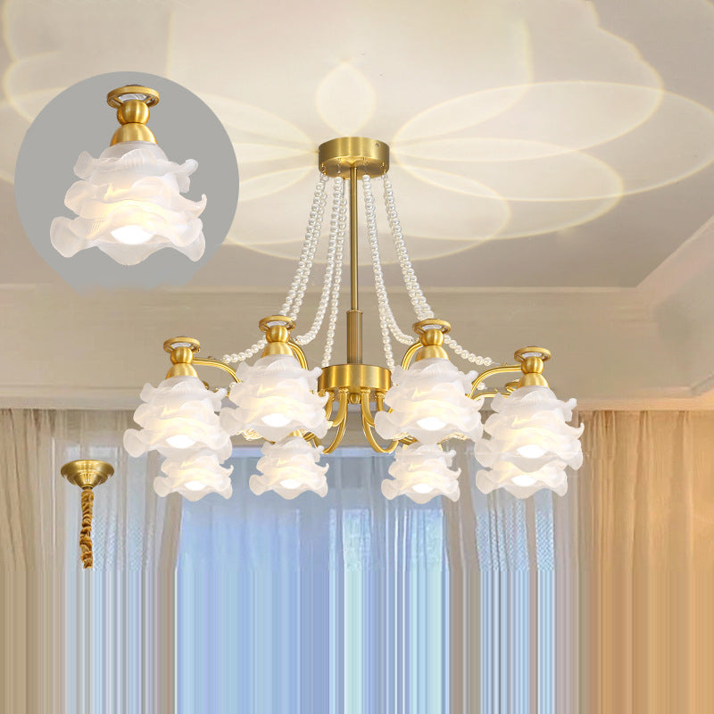 Traditional French Branch Round Flower Glass Pearl Brass 6/8/10 Light Chandelier For Living Room