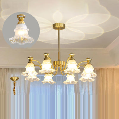 Traditional French Branch Round Flower Glass Pearl Brass 6/8/10 Light Chandelier For Living Room