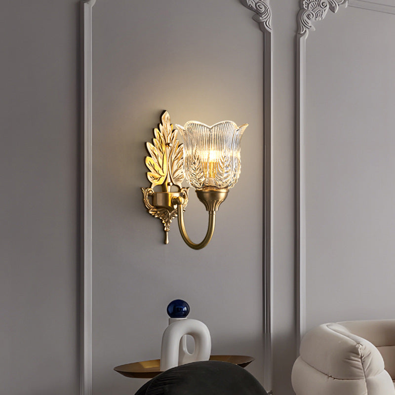 Modern Luxury Floral Leaf Glass Brass 1-Light Wall Sconce Lamp For Bedroom