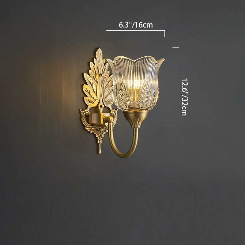 Modern Luxury Floral Leaf Glass Brass 1-Light Wall Sconce Lamp For Bedroom