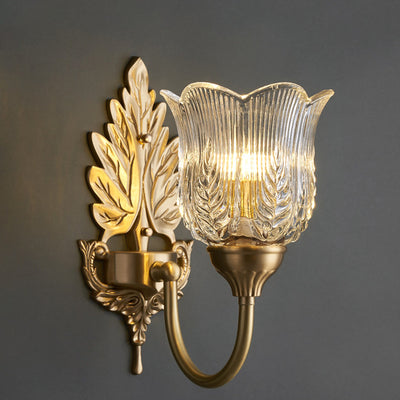 Modern Luxury Floral Leaf Glass Brass 1-Light Wall Sconce Lamp For Bedroom