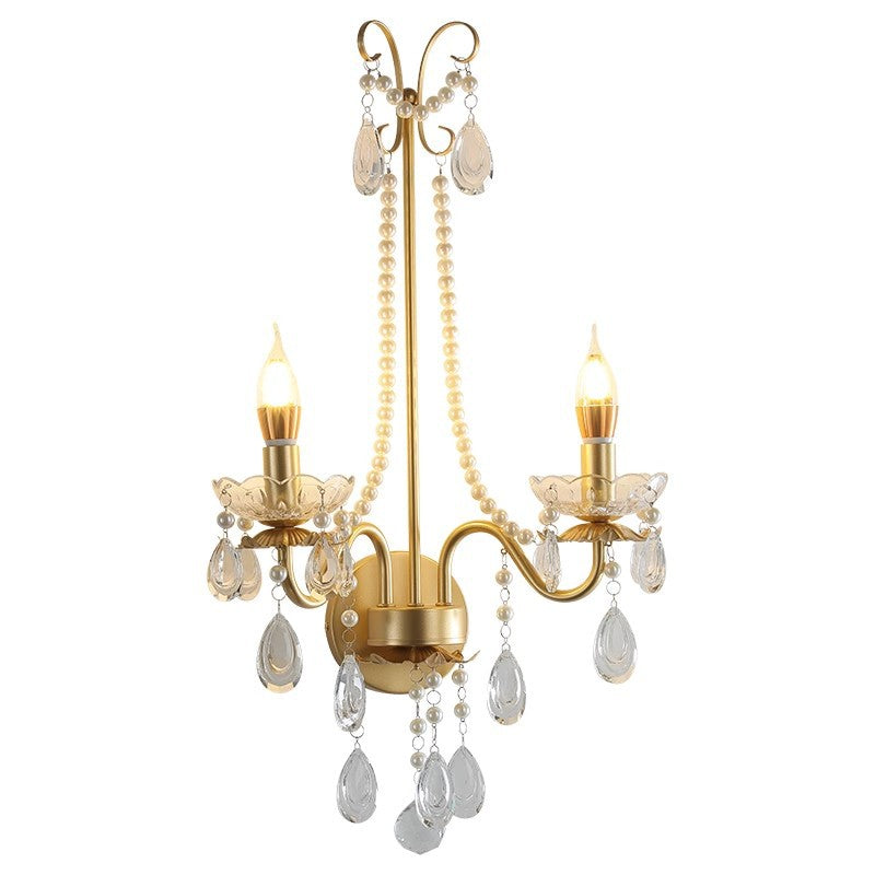 Traditional French Candle Round Curved Glass Faux Pearl Crystal Iron 2-Light Wall Sconce Lamp For Living Room