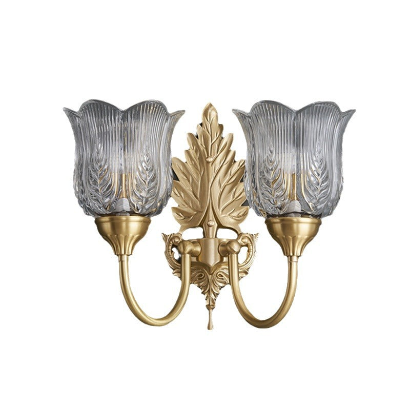 Traditional French Leaf Pod Bend Glass Brass 2-Light Wall Sconce Lamp For Living Room