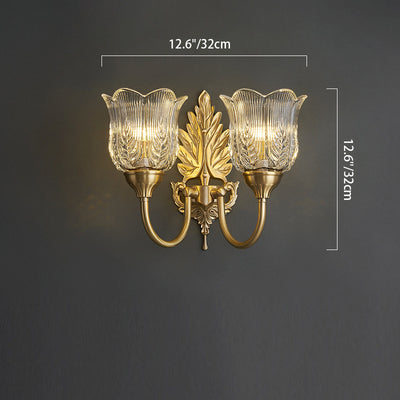 Traditional French Leaf Pod Bend Glass Brass 2-Light Wall Sconce Lamp For Living Room