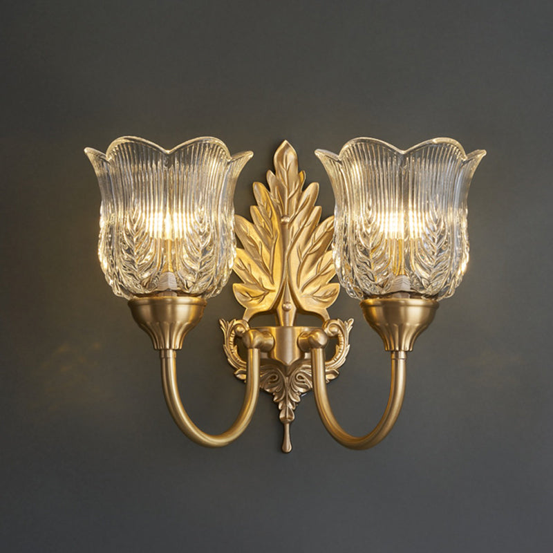 Traditional French Leaf Pod Bend Glass Brass 2-Light Wall Sconce Lamp For Living Room