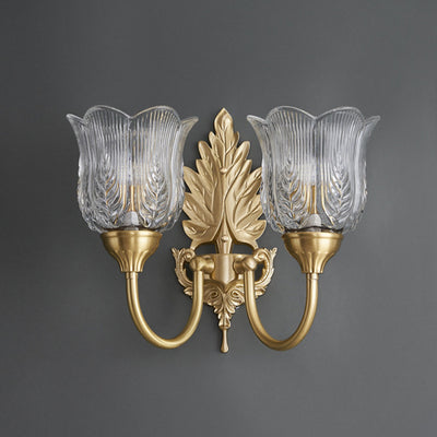 Traditional French Leaf Pod Bend Glass Brass 2-Light Wall Sconce Lamp For Living Room