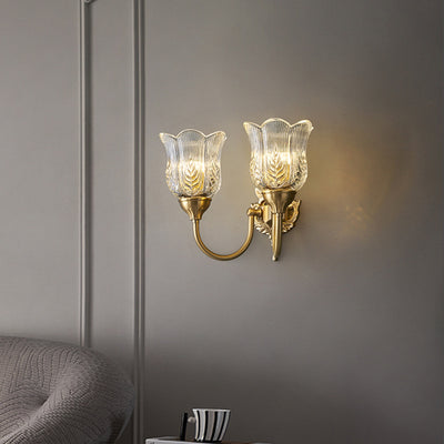 Traditional French Leaf Pod Bend Glass Brass 2-Light Wall Sconce Lamp For Living Room