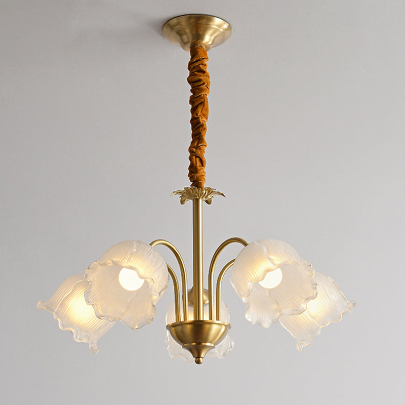 Traditional French Cream Chimes Orchid Round Glass Brass 3/5/8 Light Chandelier For Living Room