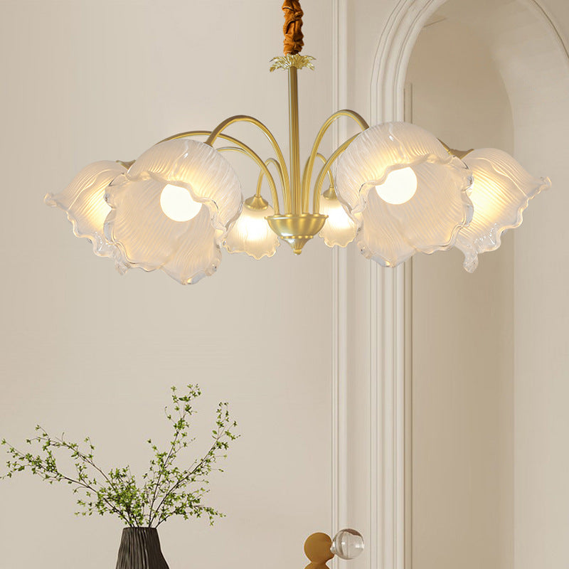 Traditional French Cream Chimes Orchid Round Glass Brass 3/5/8 Light Chandelier For Living Room