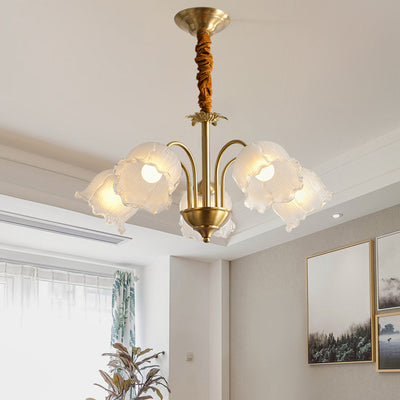 Traditional French Cream Chimes Orchid Round Glass Brass 3/5/8 Light Chandelier For Living Room