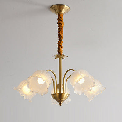 Traditional French Cream Chimes Orchid Round Glass Brass 3/5/8 Light Chandelier For Living Room